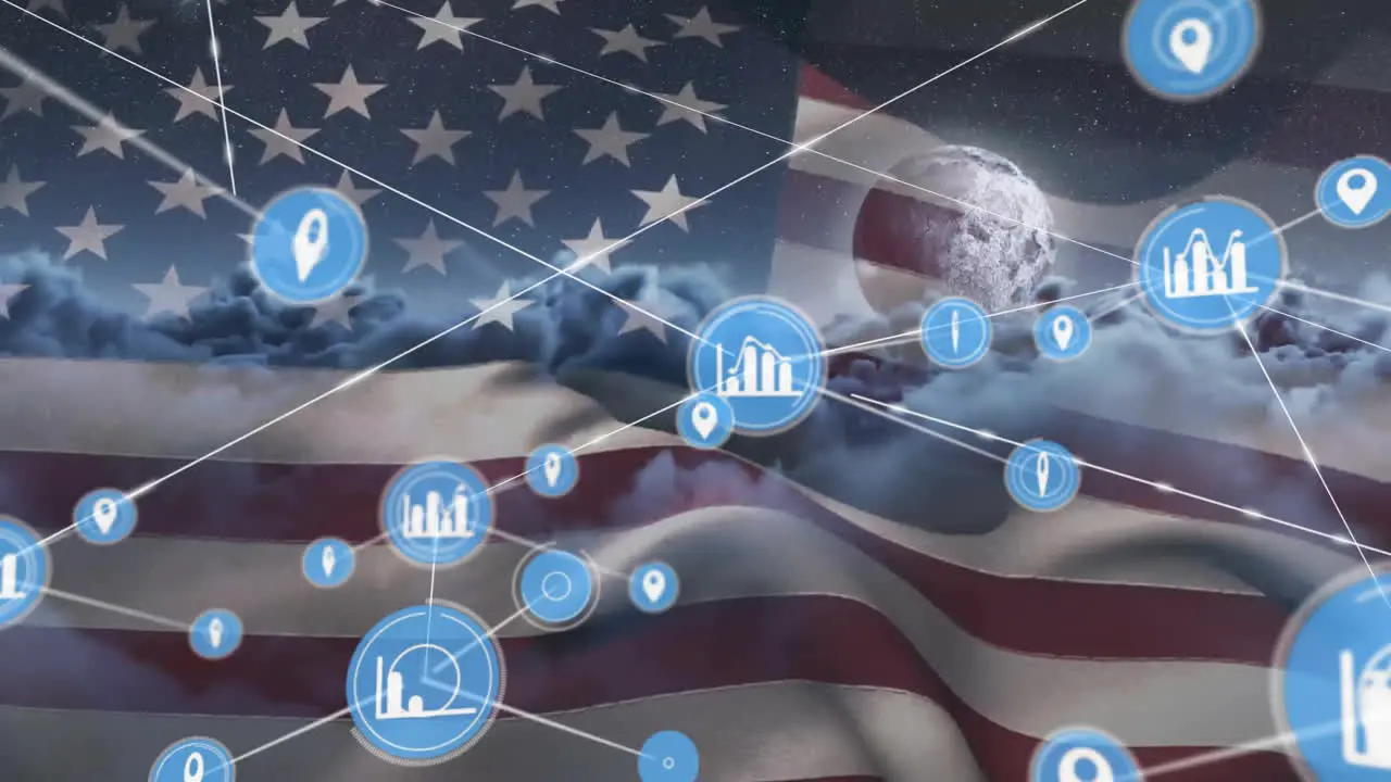 Animation of data and media communication network over globe cloudy sky and american flag