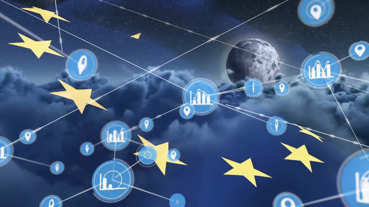 Animation of data and media communication network over globe cloudy sky and european union flag