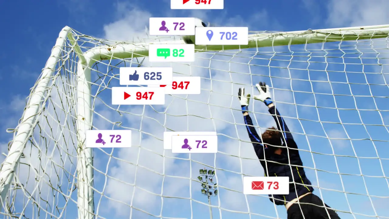 Animation of notification bars caucasian soccer goalkeeper unable to stop goal against cloudy sky