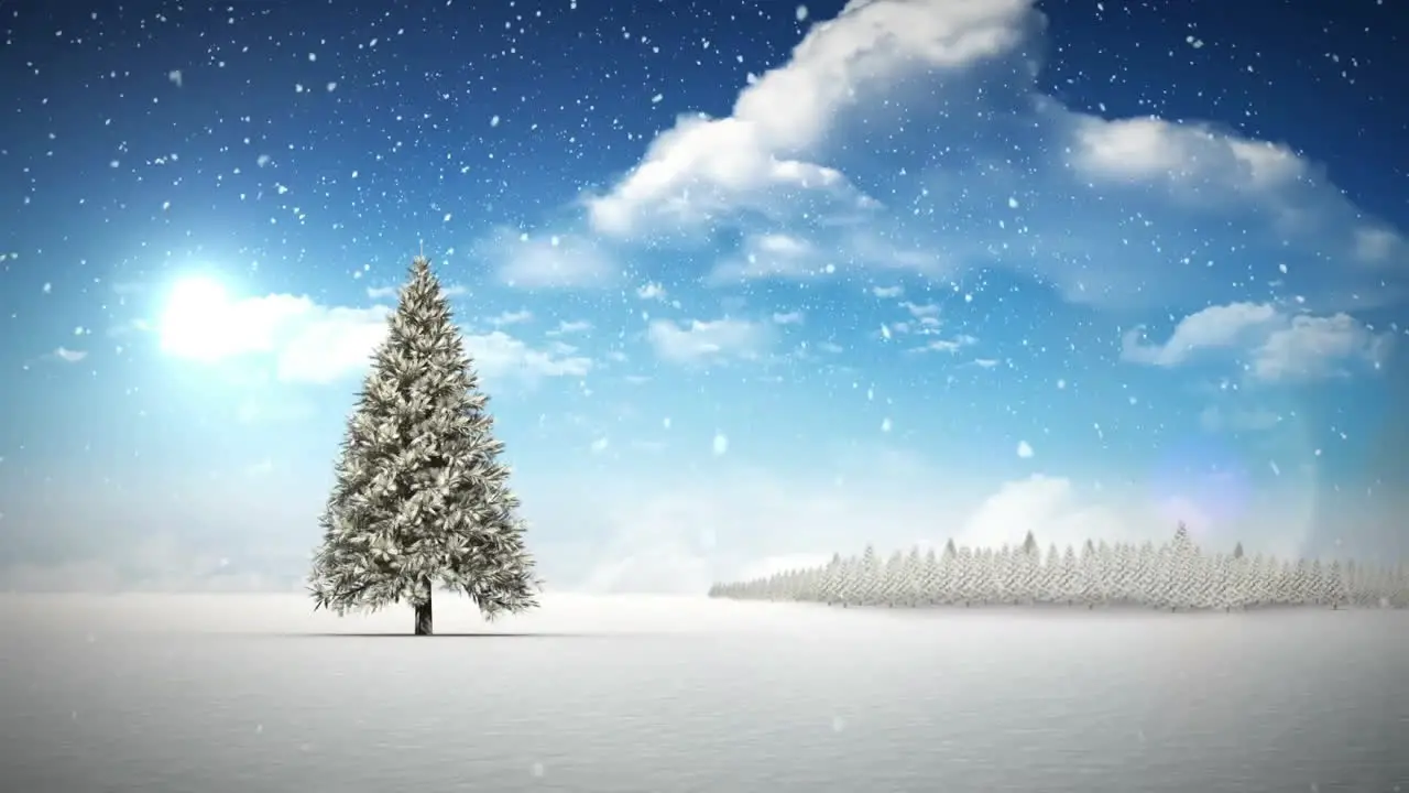 Animation of snowfall over tree on snow covered land against sun in cloudy sky