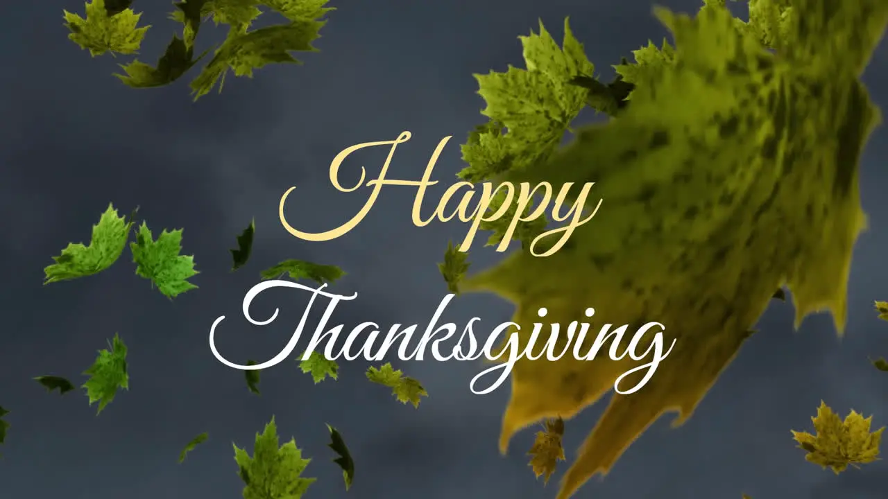 Animation of happy thanksgiving text over green leaves against cloudy sky