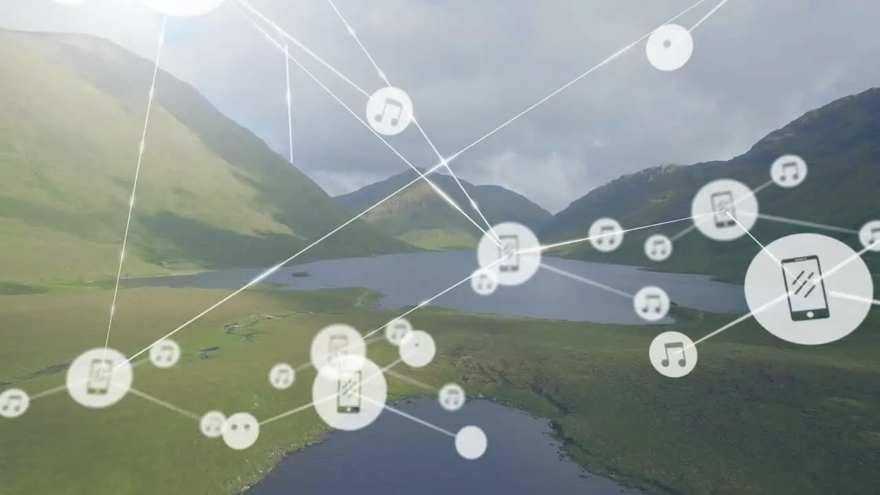 Animation of connected icons over aerial view of lakes between mountains against cloudy sky