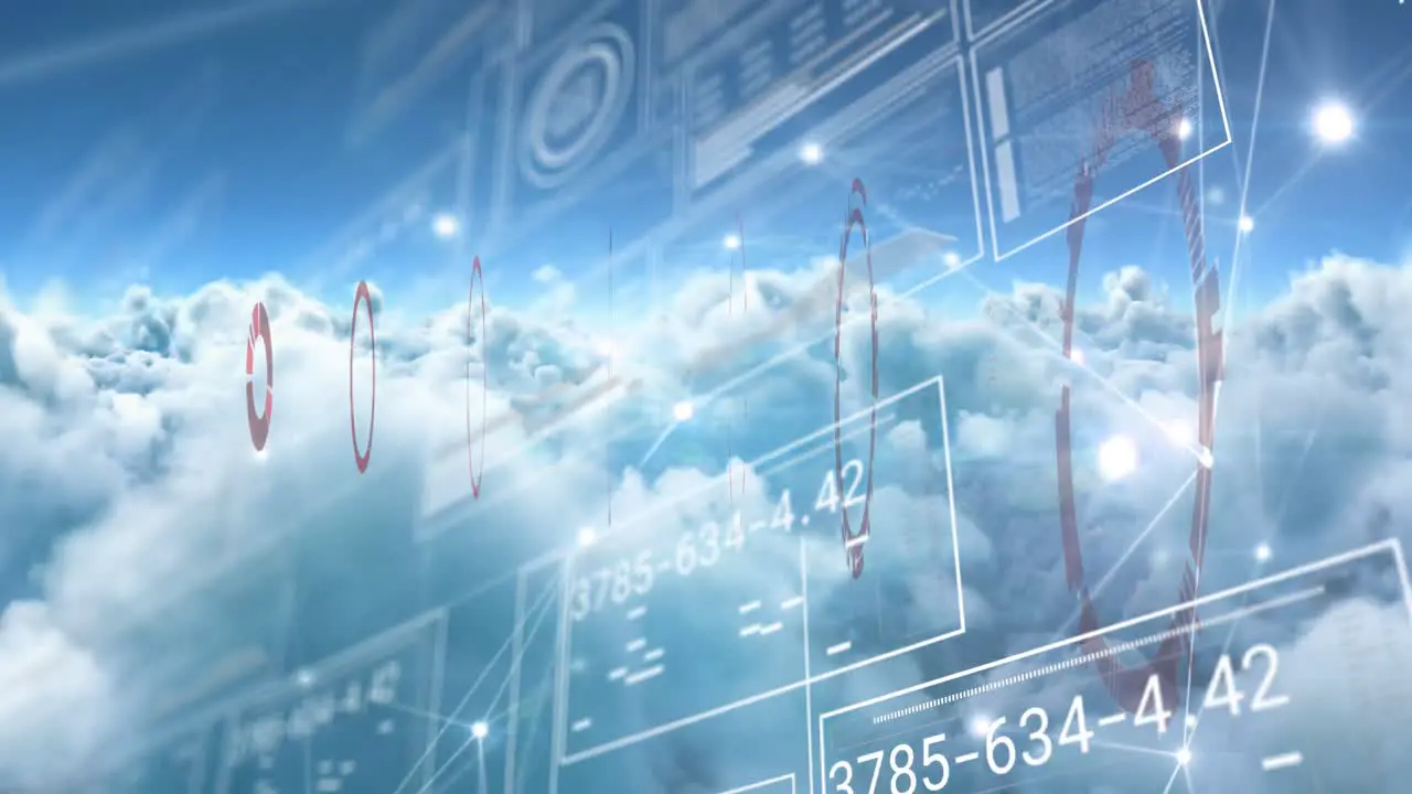 Animation of communication network and scanner processing data over blue cloudy sky