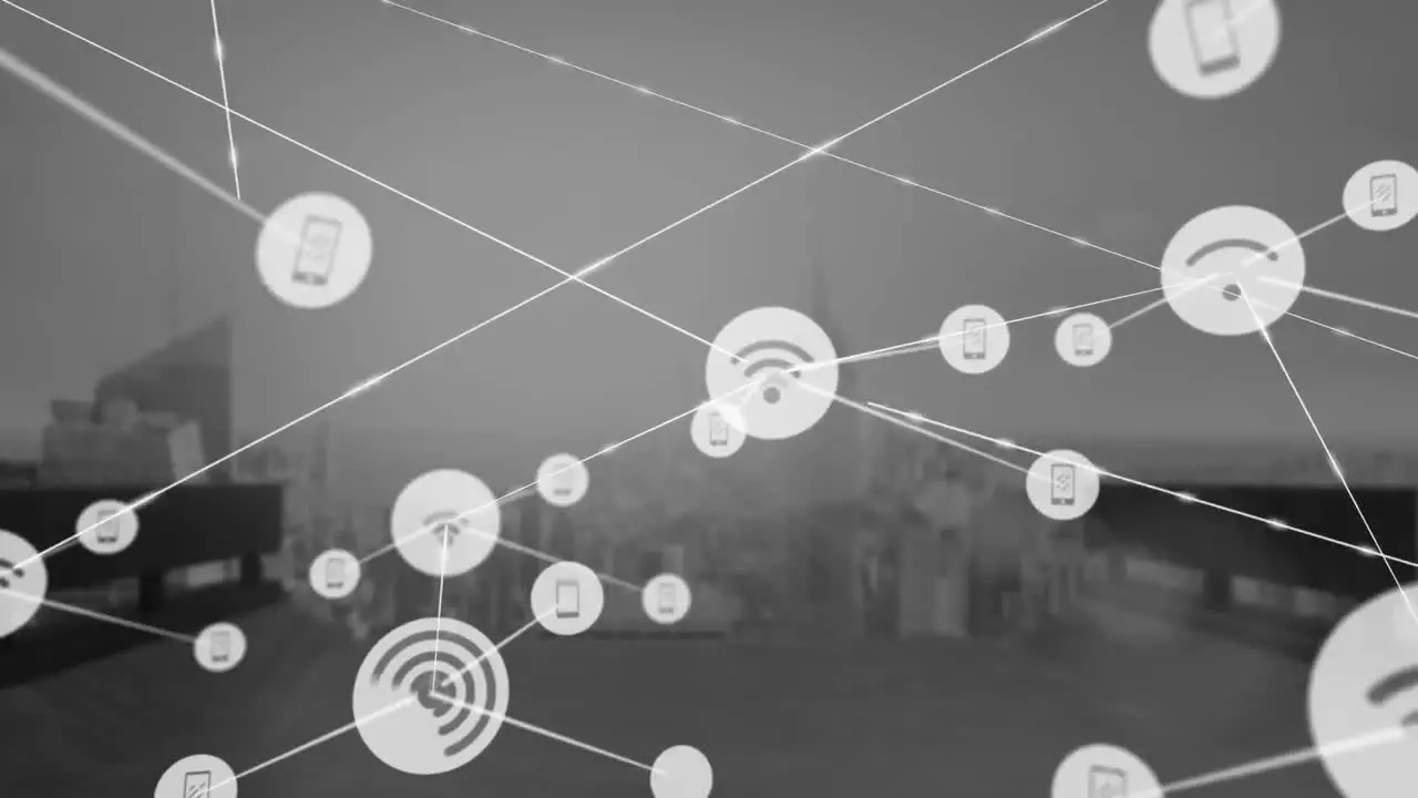 Animation of wifi and phone icons connected with lines over modern skyscrapers against cloudy sky