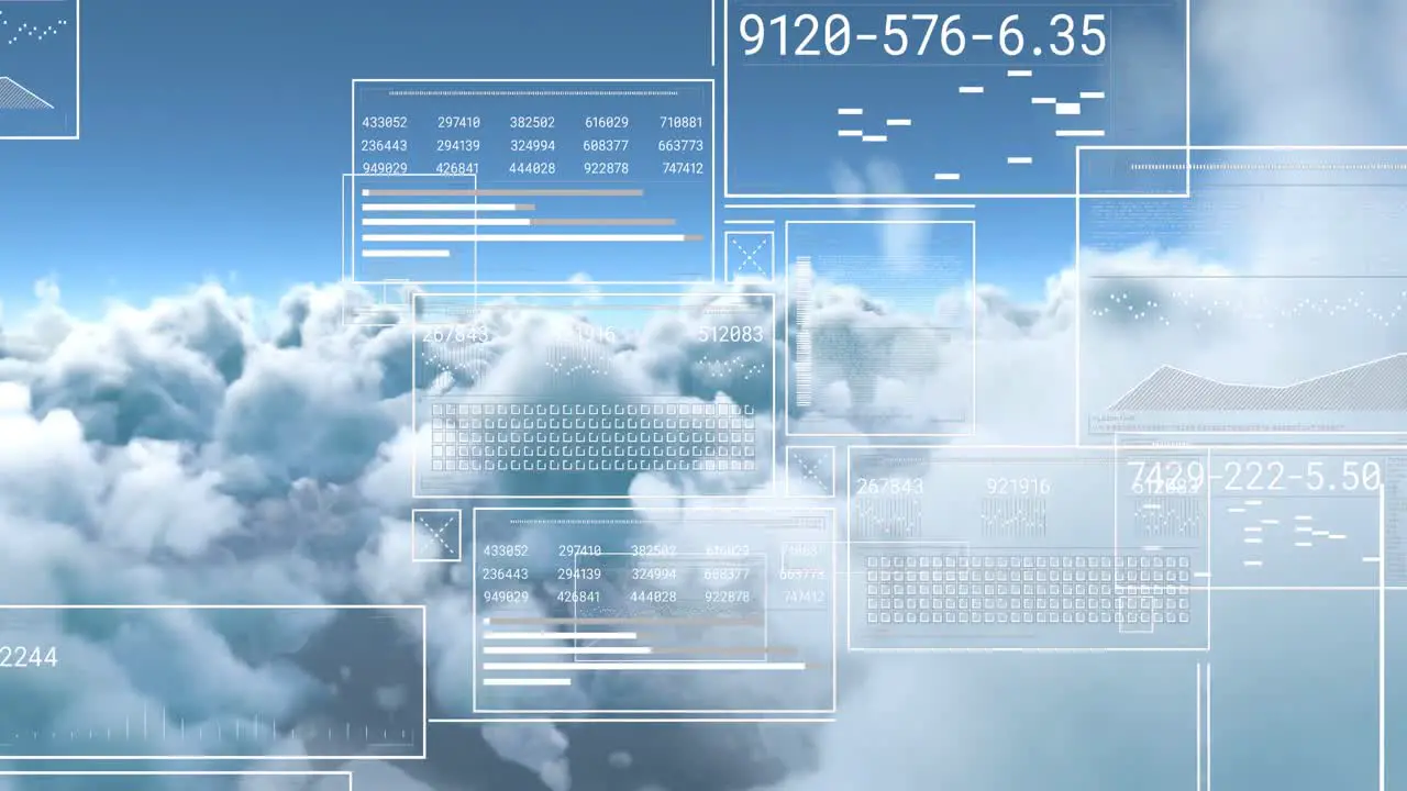 Animation of interface with processing data over blue cloudy sky