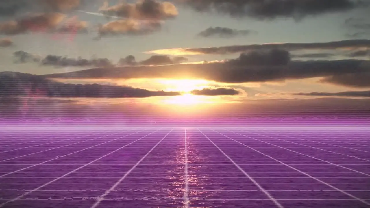 Animation of purple grid pattern over seascape against cloudy sky during sunset