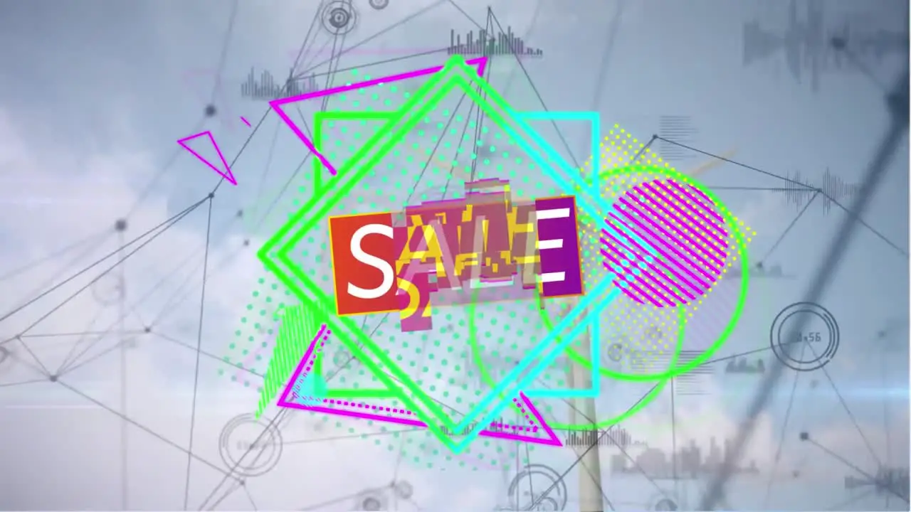 Animation of sale text in geometric shapes over connected dots and graph icons against cloudy sky