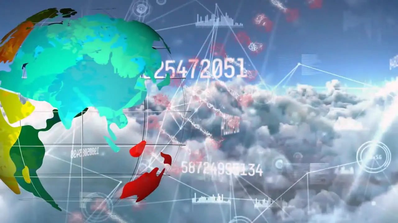 Animation of globe dna chain increasing numbers on cloudy sky