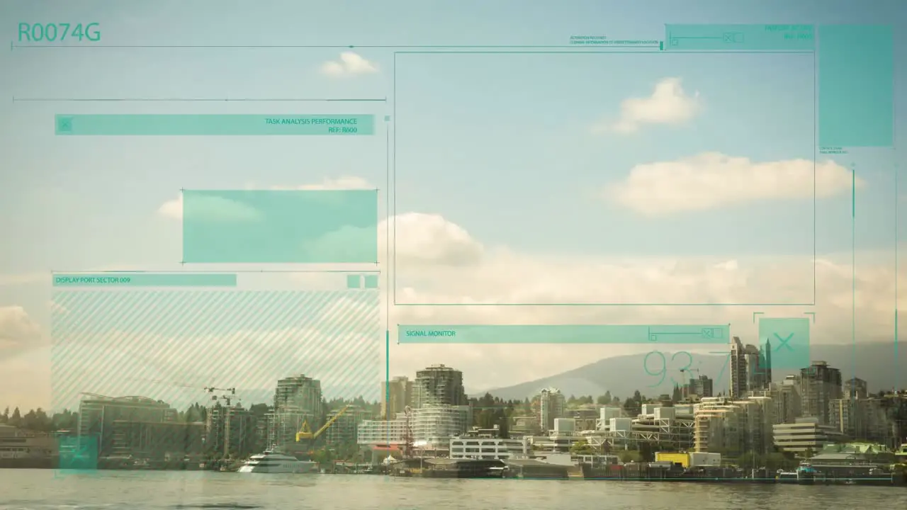 Animation of abstract interface over cityscape against cloudy sky