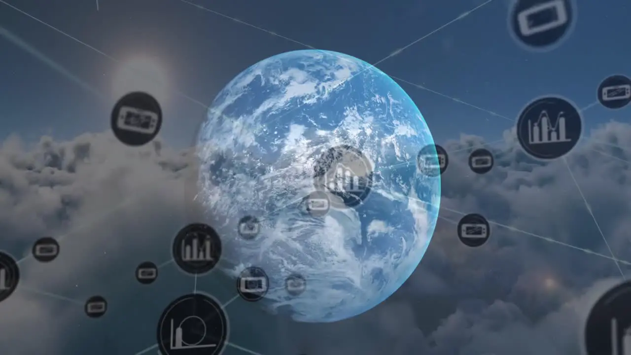 Animation of graph and phone icons connected with lines and globe moving over cloudy sky