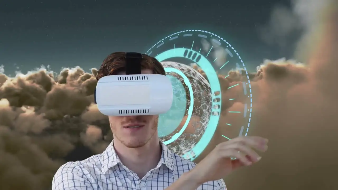 Animation of man using vr headset blue clock over cloudy sky