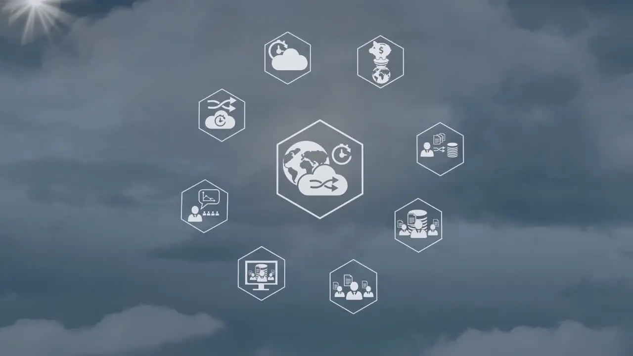 Animation of lens and icon in hexagons against cloudy sky in background