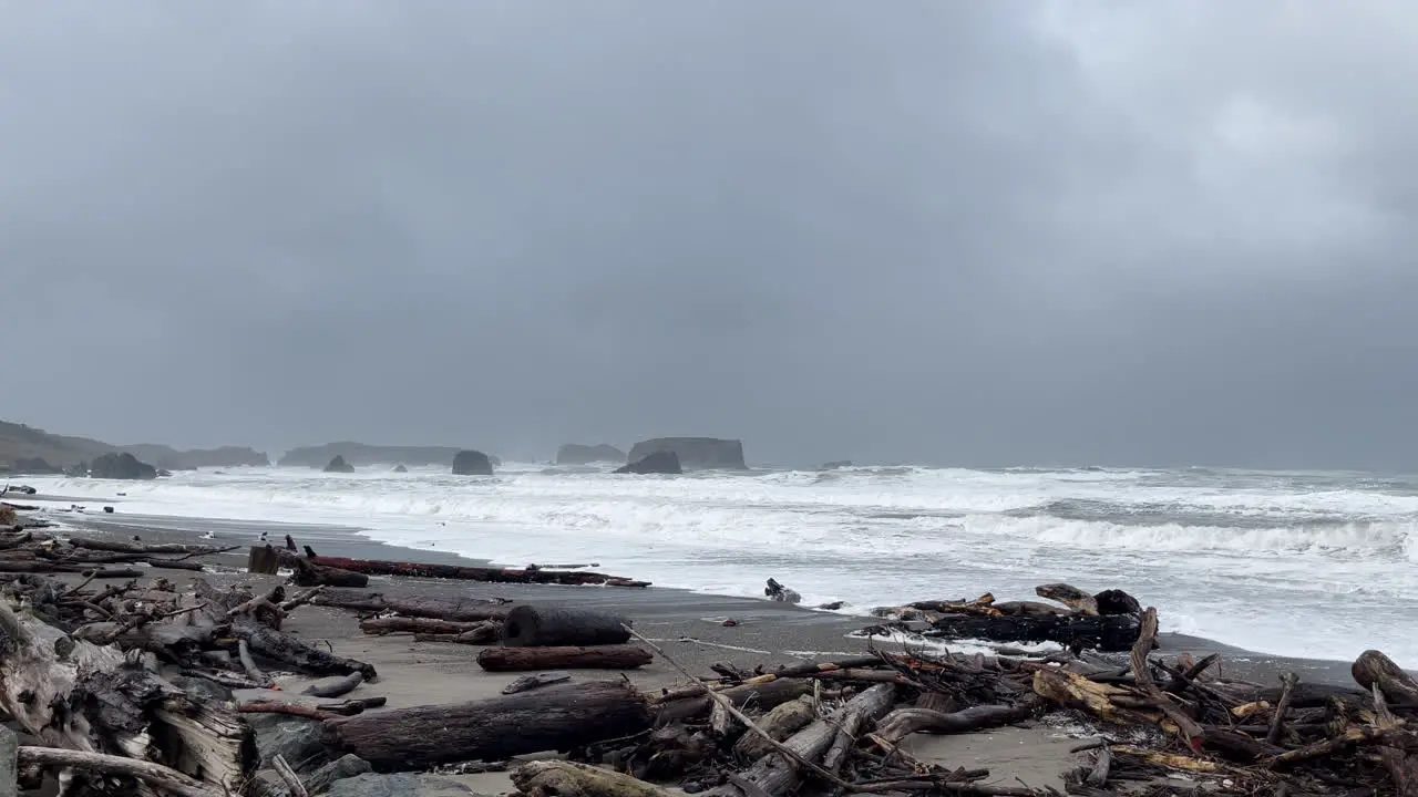 Logs on an Oregon beach and sea foam flying in air during storm