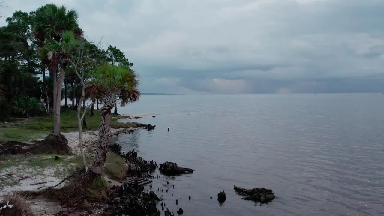 Aerial flying by a bay beach and palm trees towards Apalachicola Bay in Florida