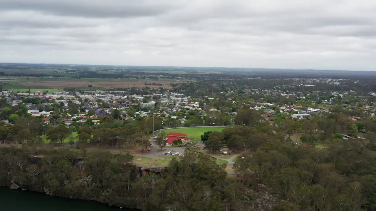 Aerial drone shot around Nowra on a stormy day revealing the Shoalhaven river South coast NSW Australia