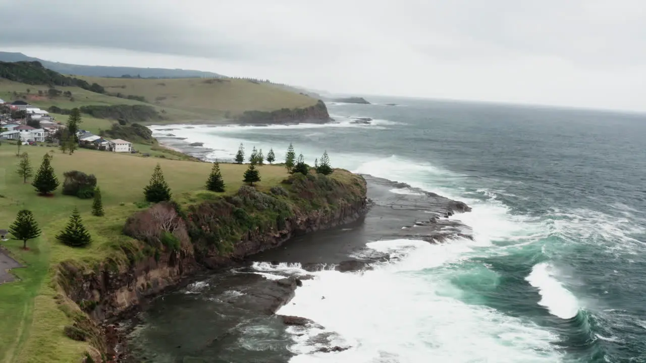 Aerial drone shot of Gerroa rocks on s stormy day in south coast NSW Australia