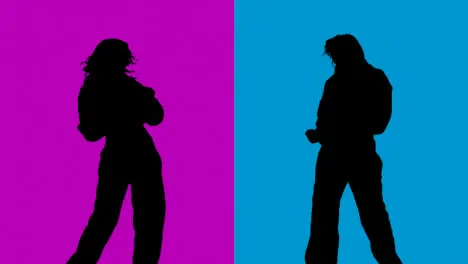 Split Screen Studio Silhouette Of Women Dancing Against Purple And Blue Backgrounds