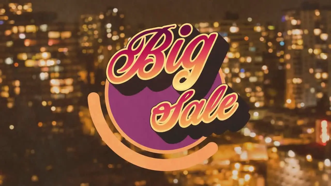 Animation of big sale text in red and orange on purple circle over blurred nighttime cityscape