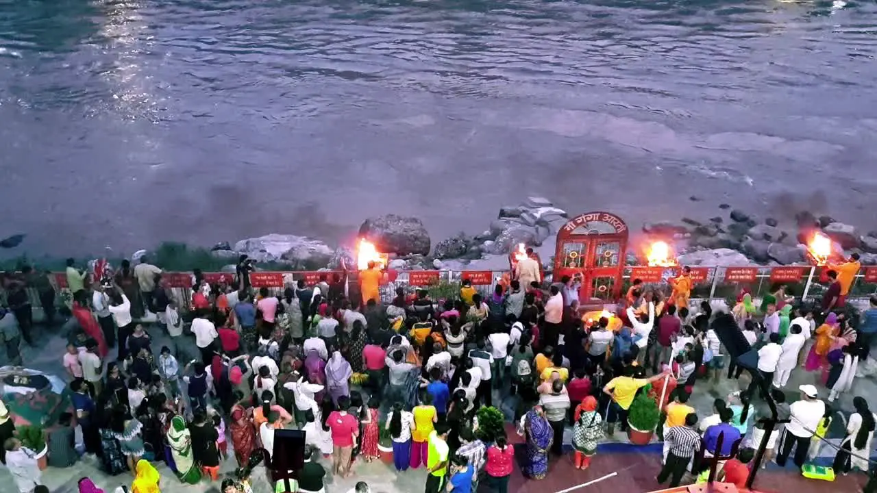 Aerial shot of people gathered for ganga aarti in rishikesh india