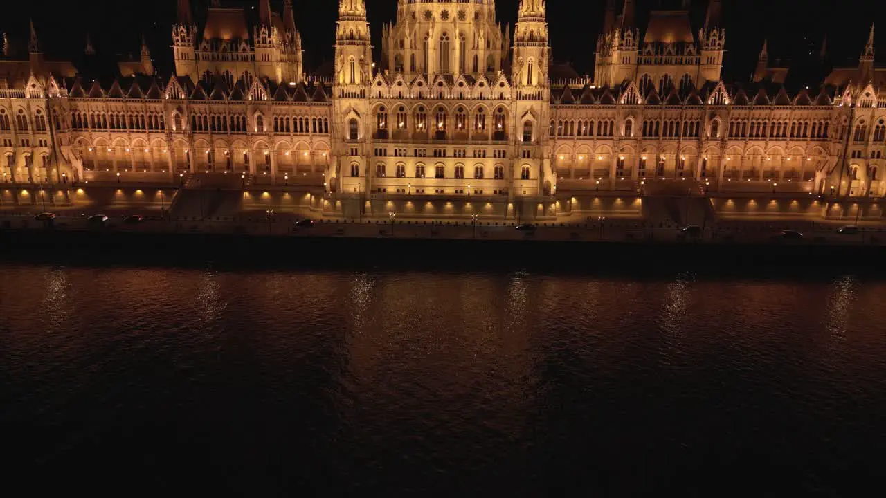 Pan Up Reveals Beautiful Hungarian Parliament Building at Night