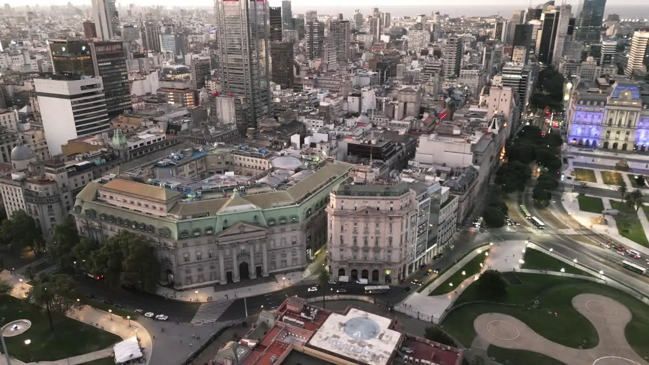 Aerial Drone Fly Above Kirchner Cultural Center and Pink House Casa Rosada Buenos Aires Argentina at Night near Plaza de Mayo