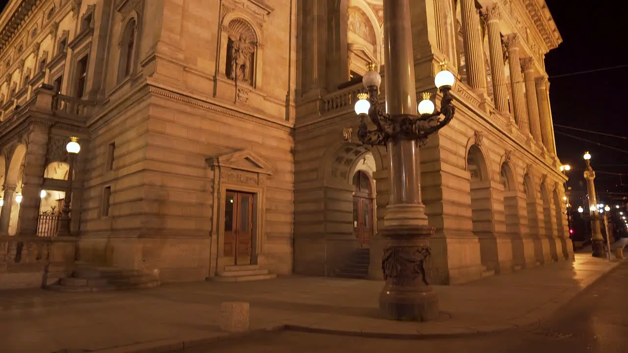 Prague National Theatre at night illuminated by streetlights Czechia