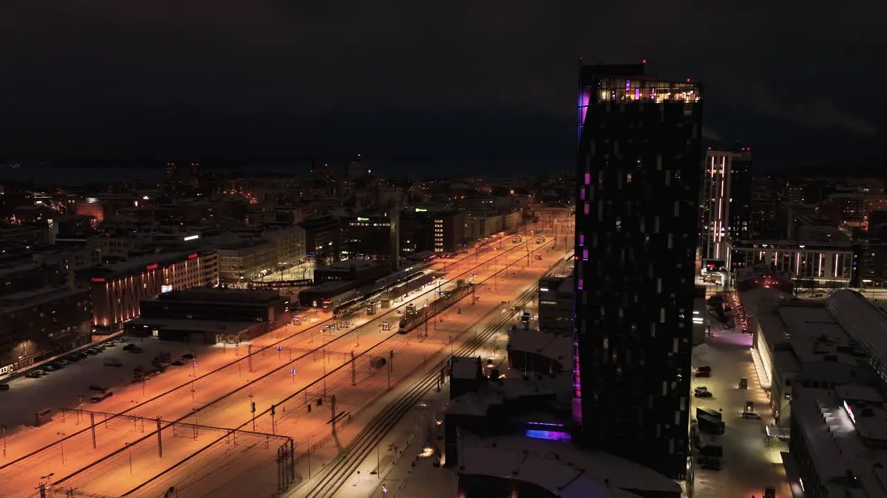 Aerial view of cityscape at the train station night in Tampere Finland vertigo effect