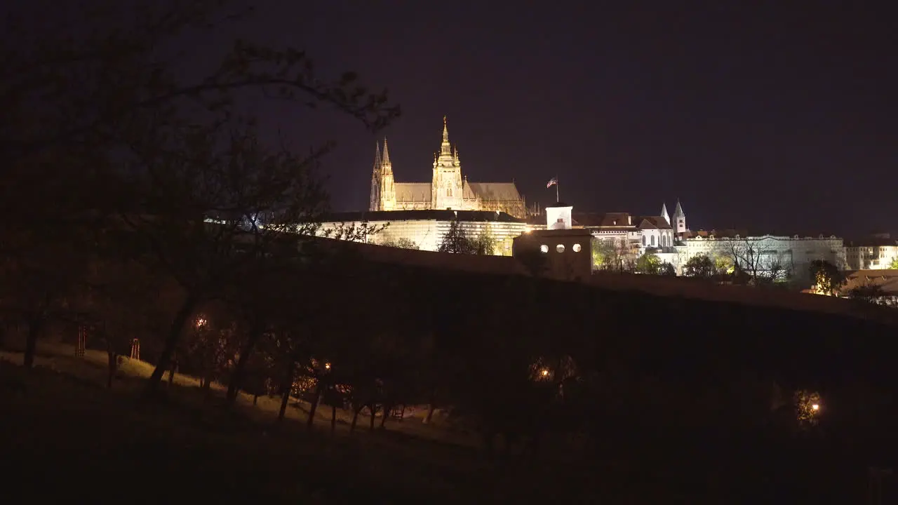 Prague Castle Czech capital at night lit by street lights view from Petřín park