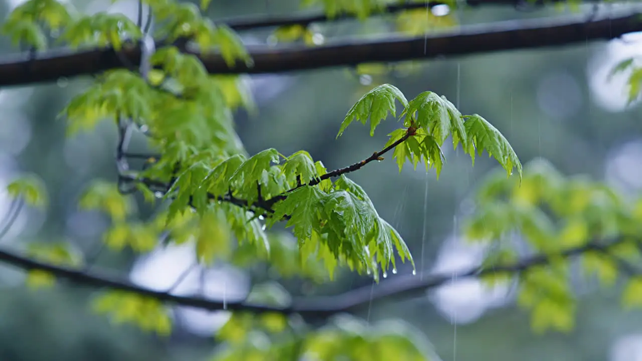 Steady Rain Falling on Tree Branches with Leaves Real Time