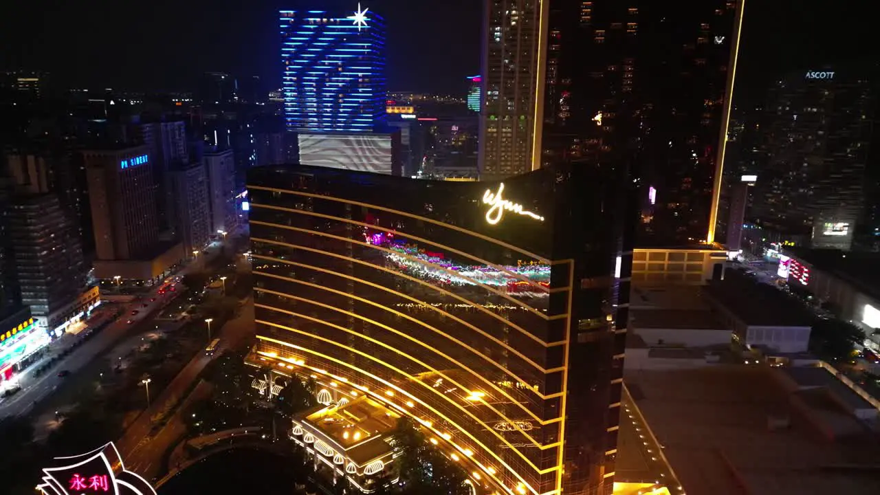 Aerial view orbiting Wynn Hotel Macau at night