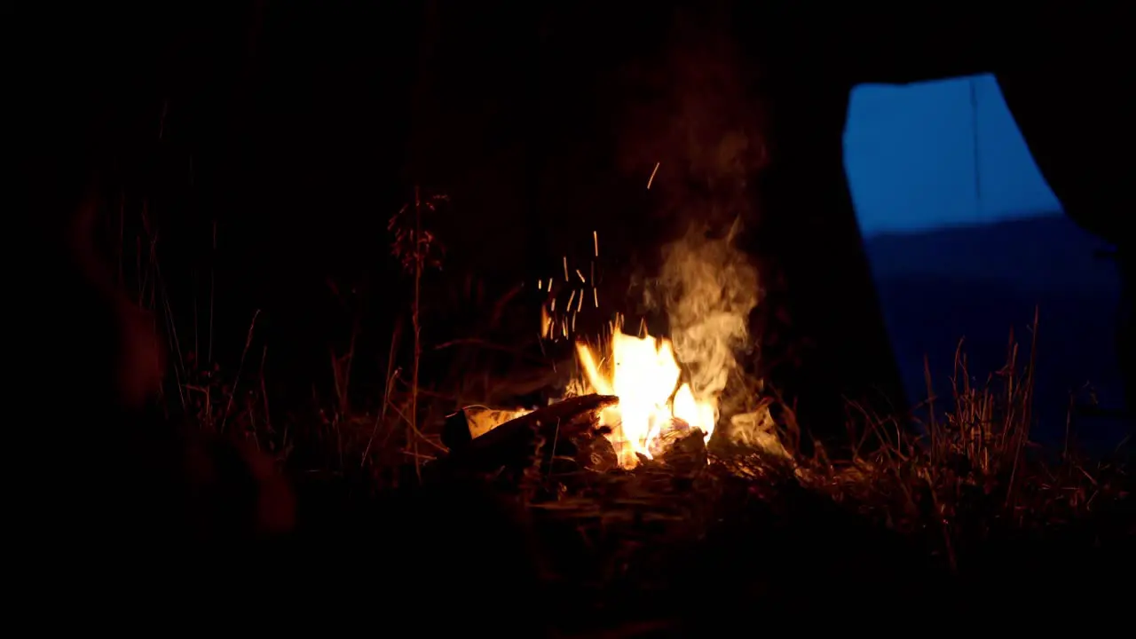 Flaming Bonfire Next To Set-up Camping Tent During Cold Winter Evening At Forest In Norway