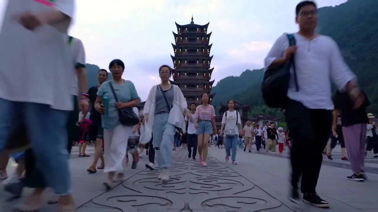 Tall pagoda at the Wulingyuan entrance to the Zhangjiajie national park in the evening Hunan Province