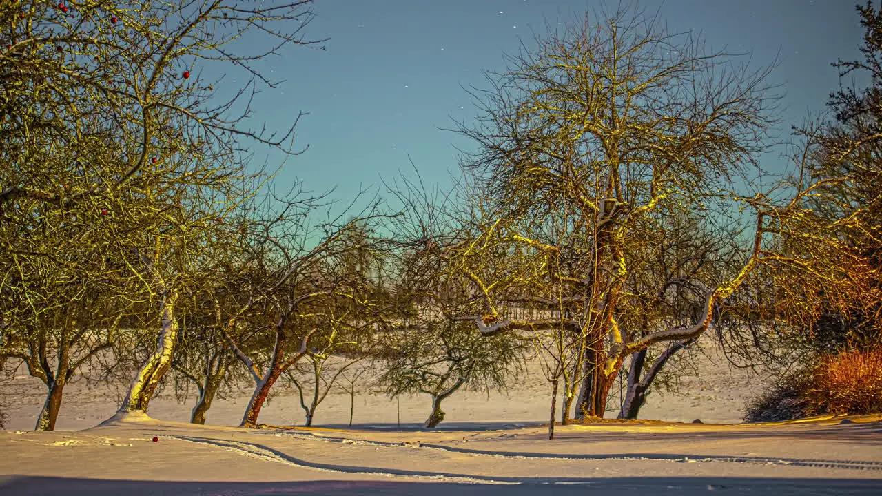 Stars crossing the sky above a countryside road in winter time lapse