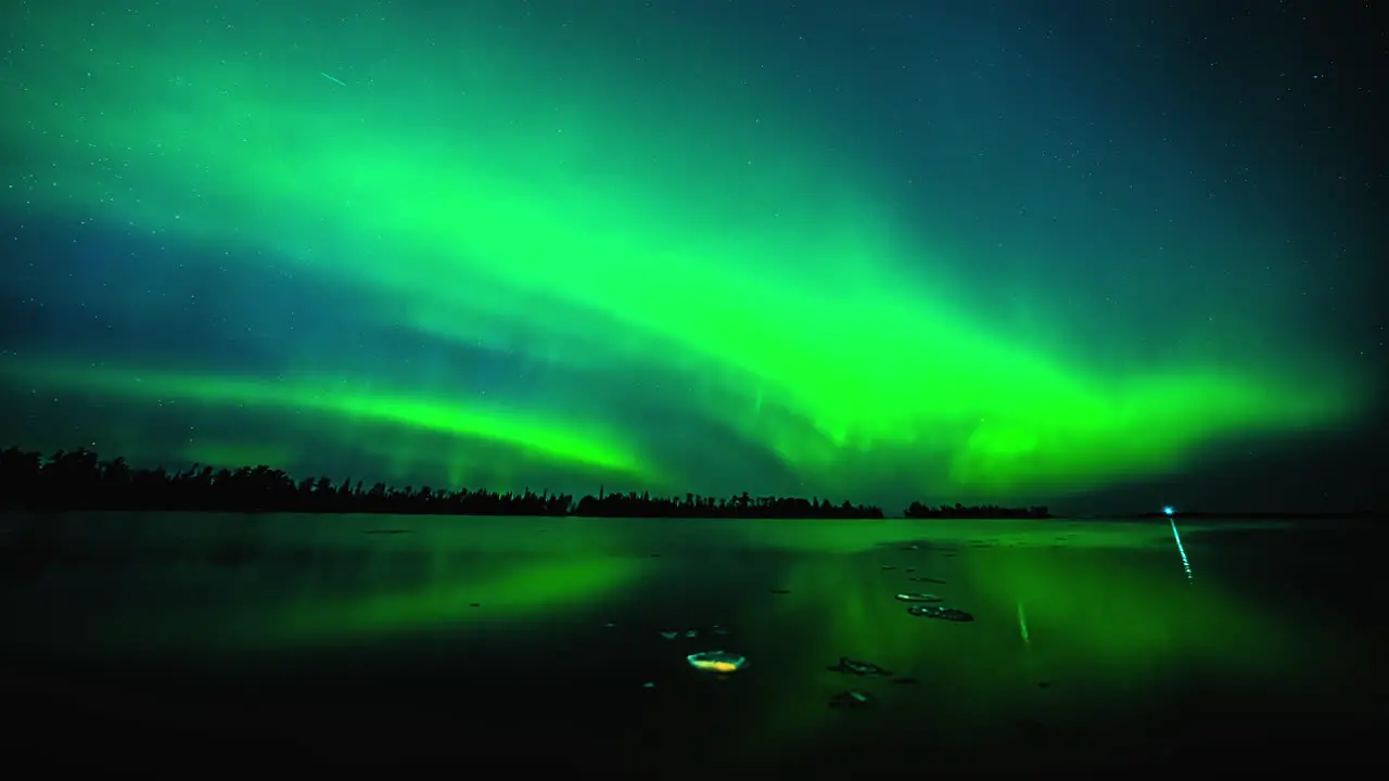 Aurora Borealis night sky reflecting from Lake Superior in USA Time-lapse view