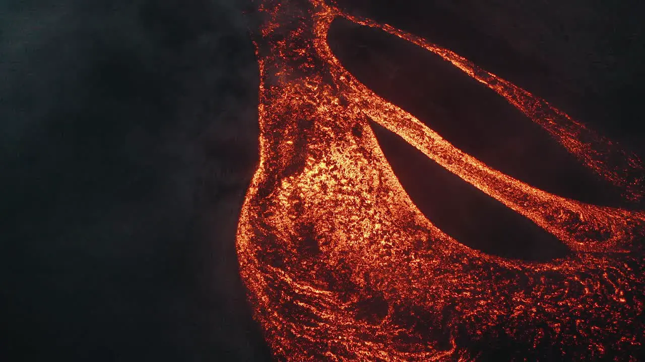 Drone aerial lava rivers from Pacaya volcano eruption in Guatemala