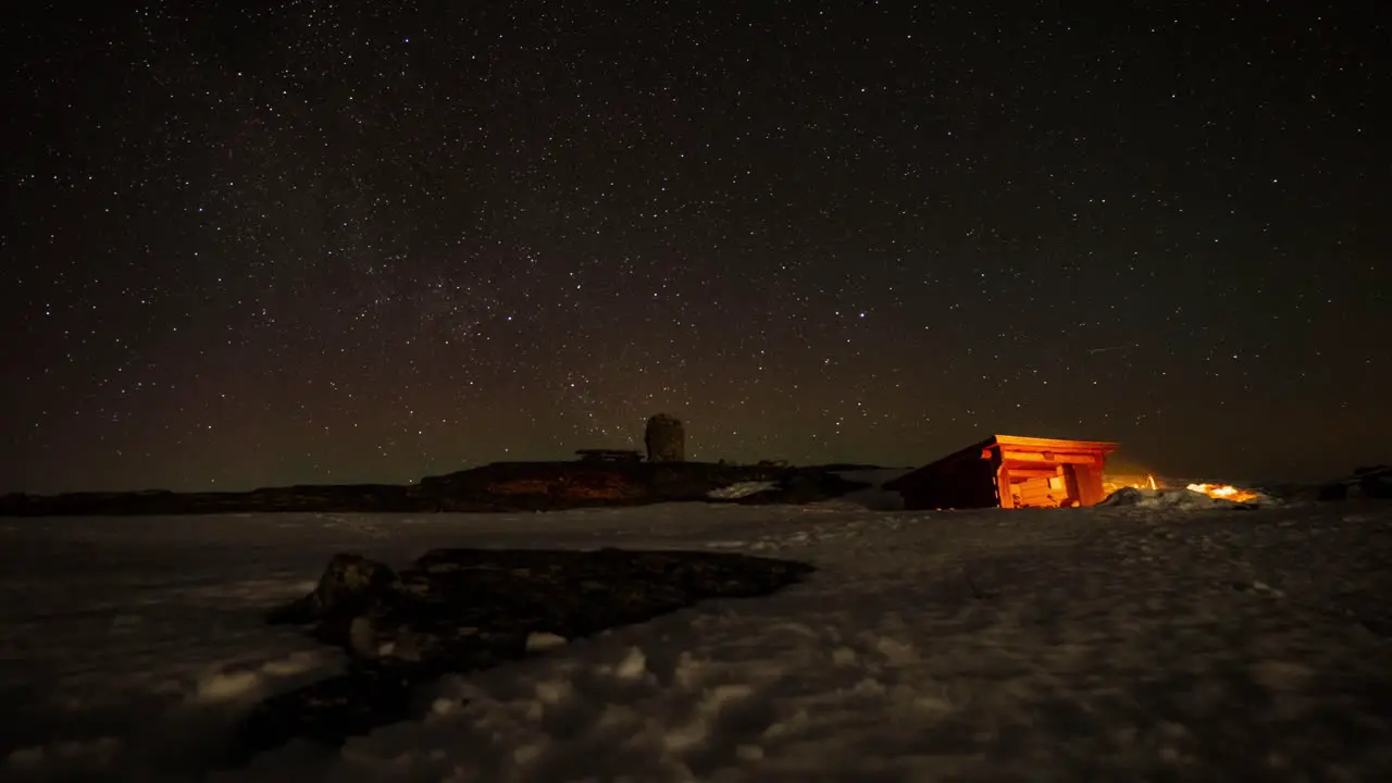 Bonfire And Cabin At Night With Beautiful Stars In The Night Sky