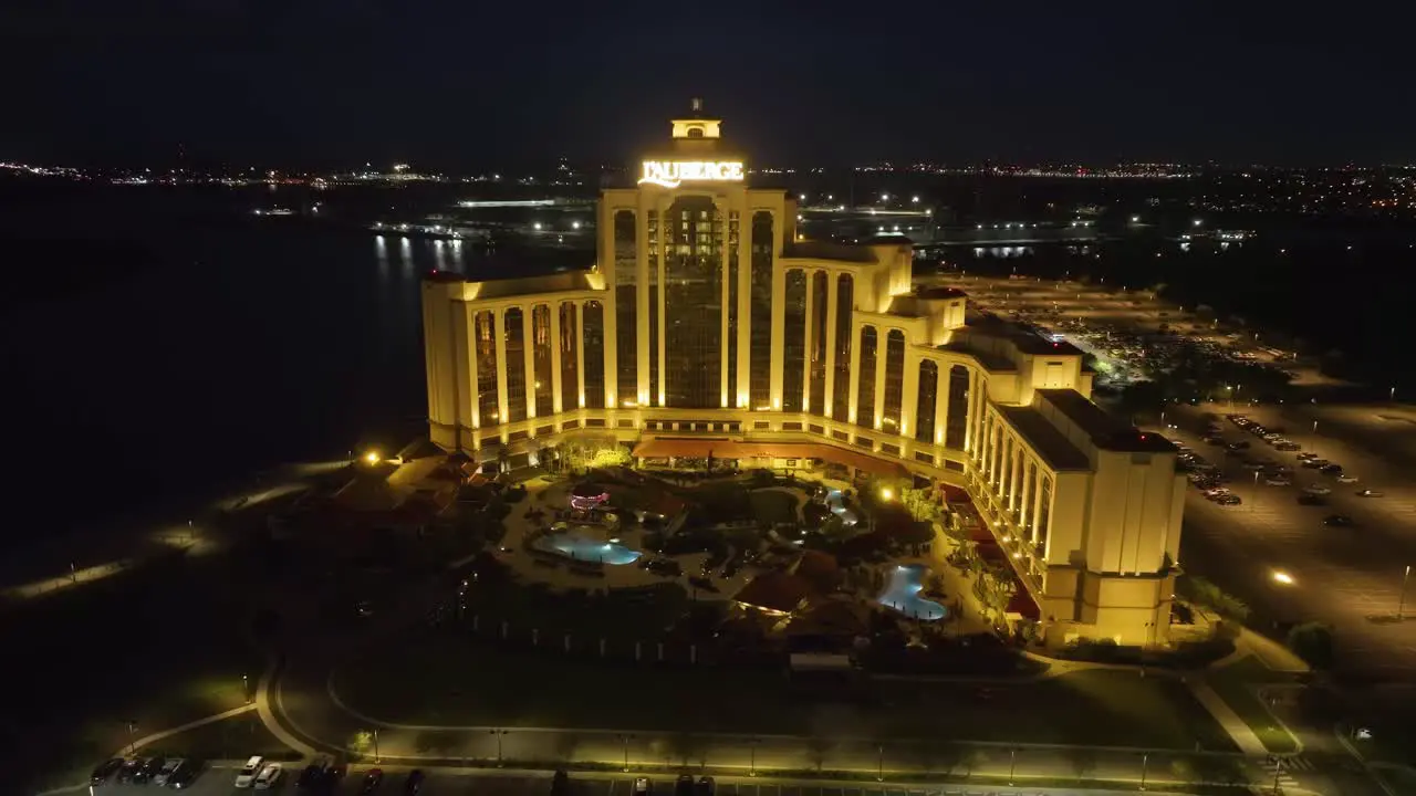 Aerial view around the L'Auberge Casino and Hotel night in Lake Charles Louisiana USA