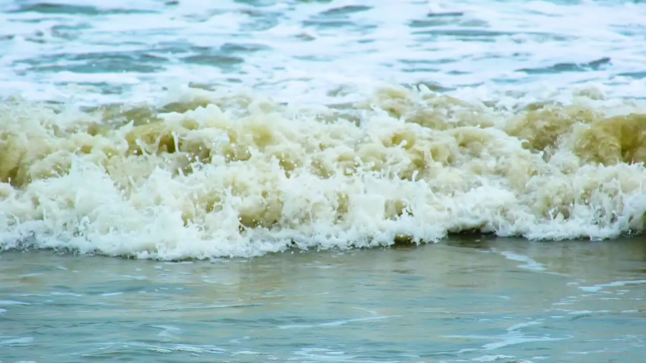 Slow Motion Shot of Murky and Foamy Waves Crashing on the Shore