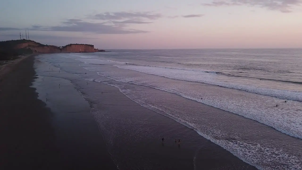 Olon Beach In Ecuador Waves Splashing On The Shore During Sunset Beautiful Tourist Destination Aerial Shot