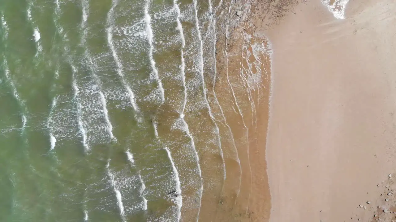 A gorgeous lime green and aqua blue ocean pushes small waves upon a beach made of sand stone and several small rocks on a warm and sunny day