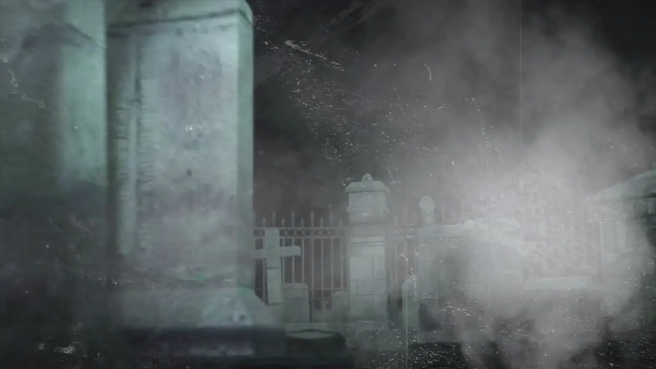 Animation of glitch and smoke over cemetery at night