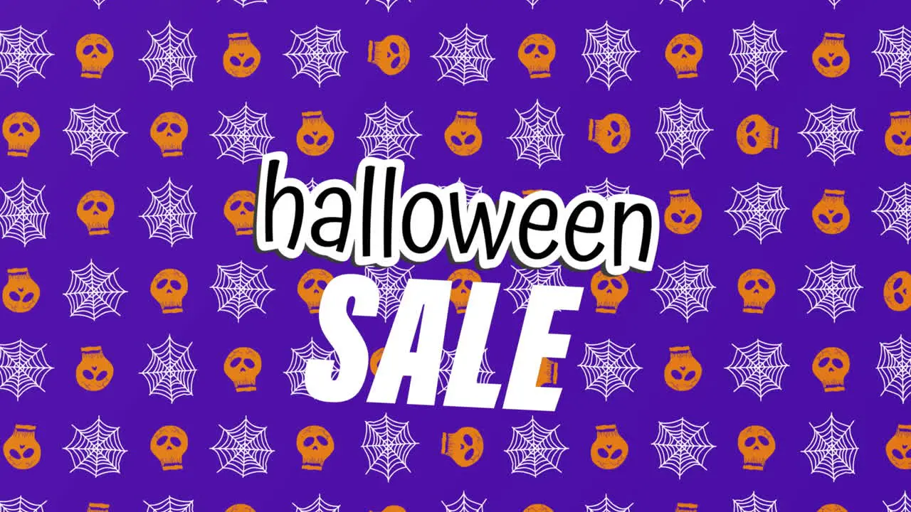 Animation of halloween sale over skulls and spiders web on purple background