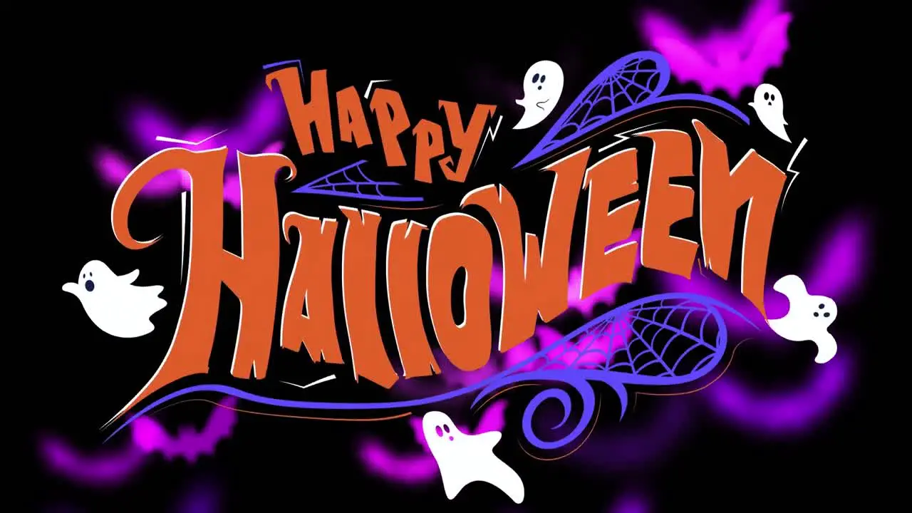 Animation of happy halloween text over ghosts and bats