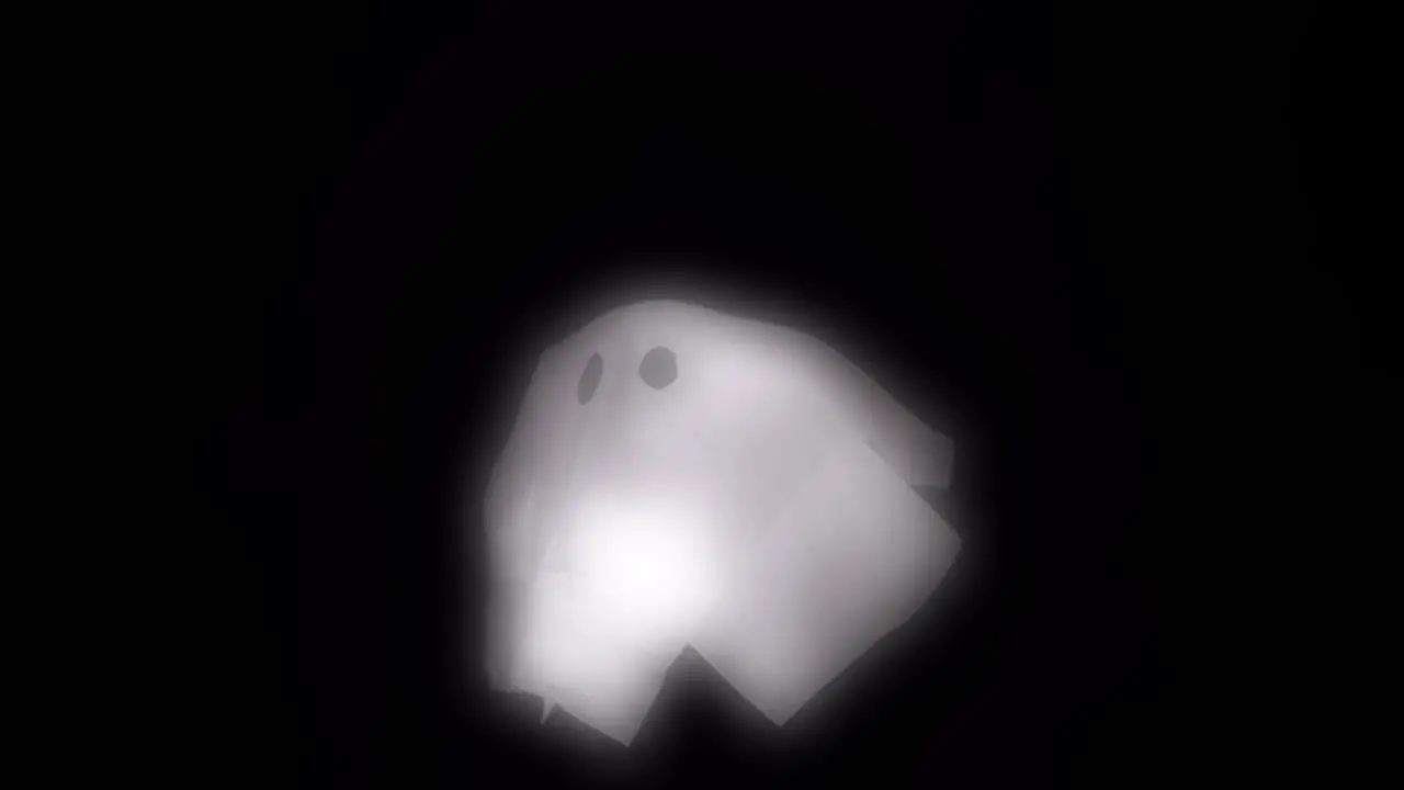 Halloween glowing ghost puppet floating on black background