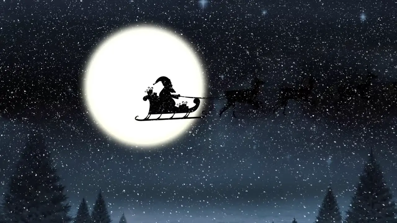 Santa claus in sleigh being pulled by reindeers against christmas tree and moon in the night sky