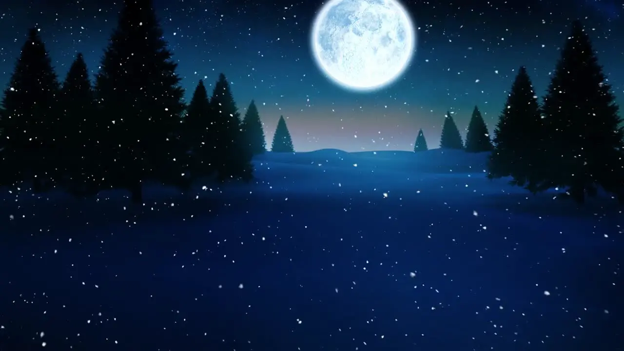 Snow falling over winter landscape with trees against moon in the night sky