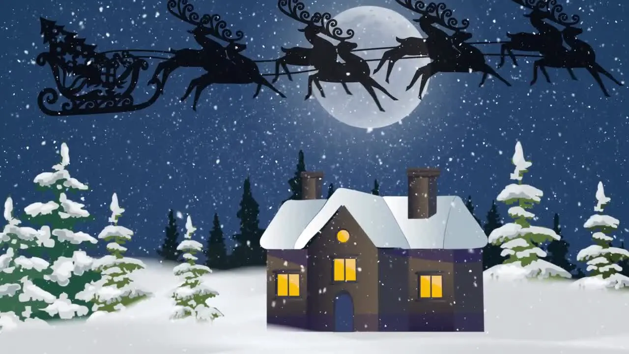 Snow falling over christmas tree in sleigh being pulled by reindeers against moon in the night sky