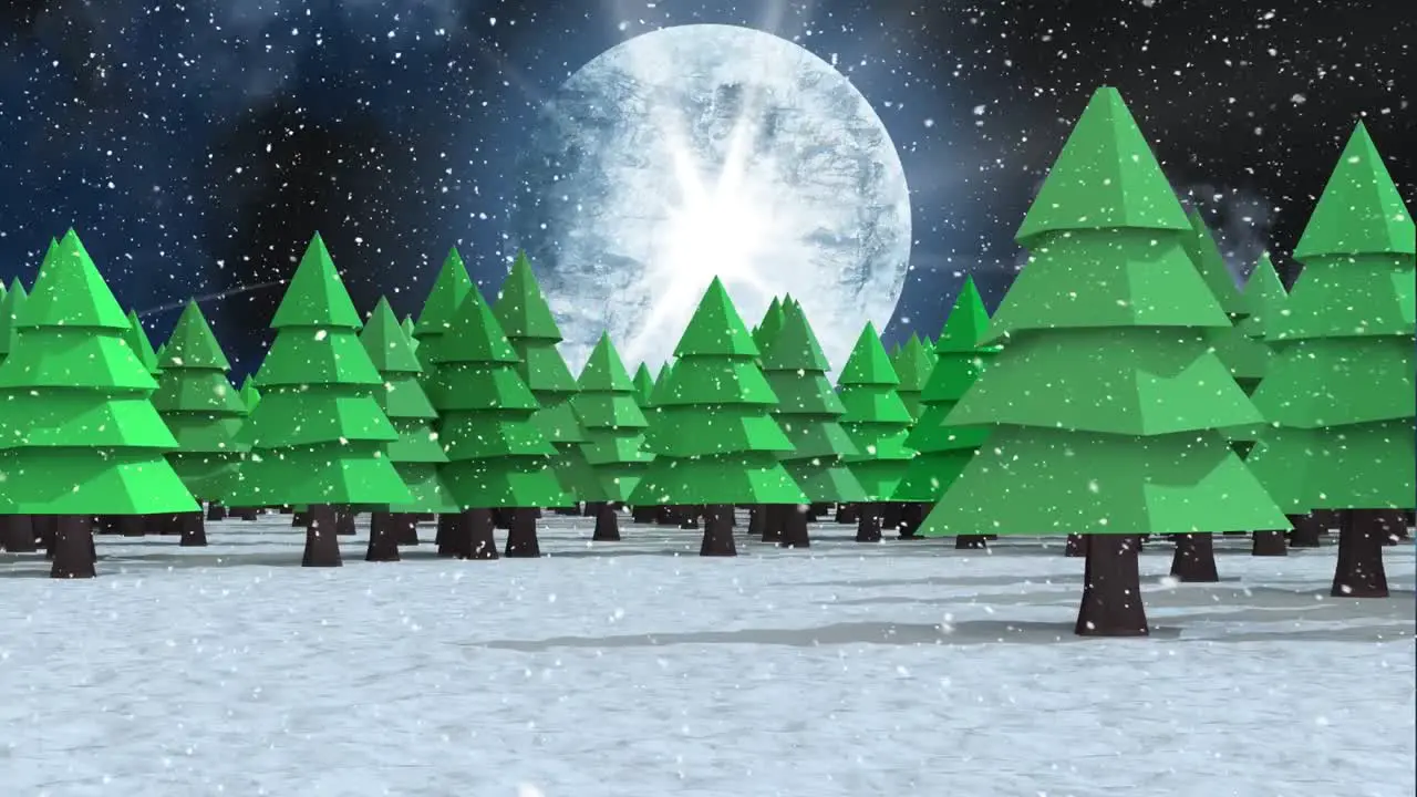 Snow falling over multiple tree icons on winter landscape against moon in the night sky