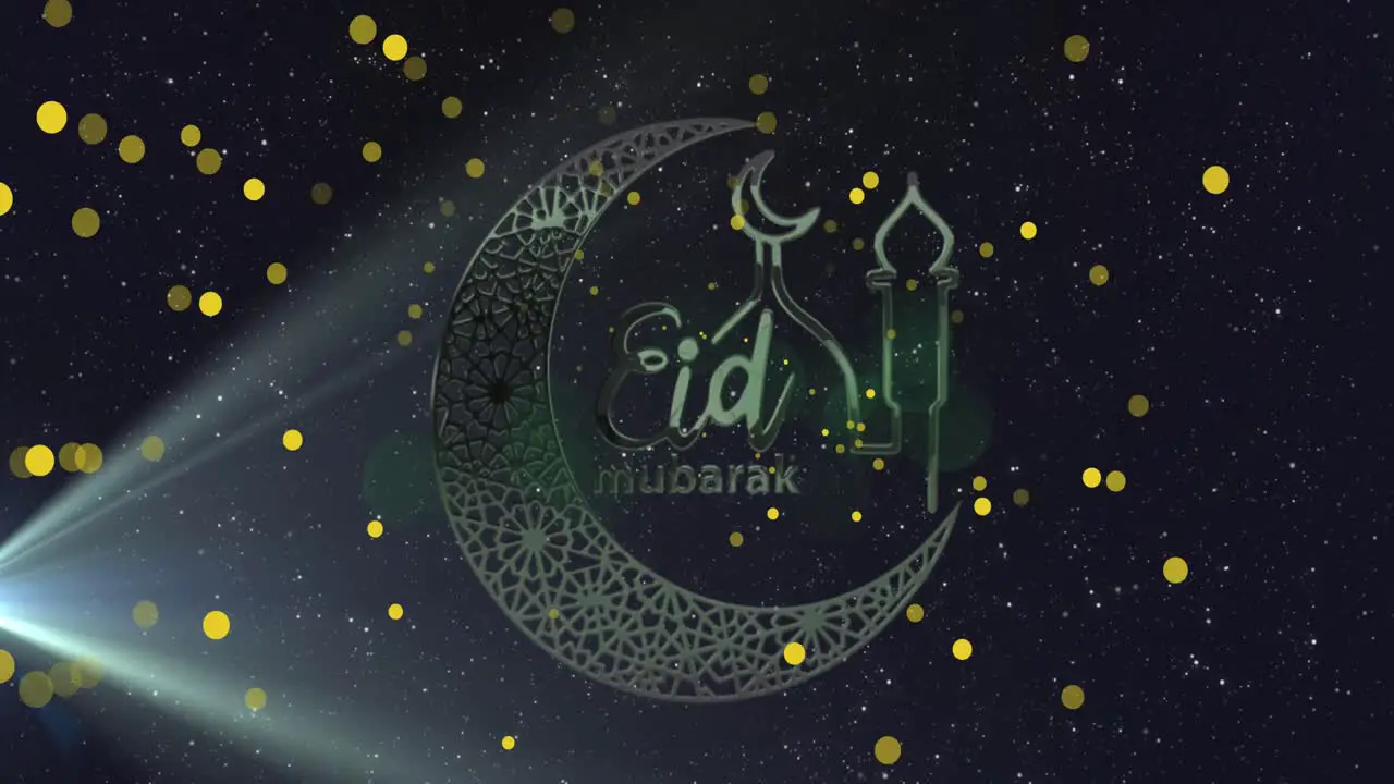 Eid mubarak text banner with crescent moon and mosque icon against yellow spots on blue background