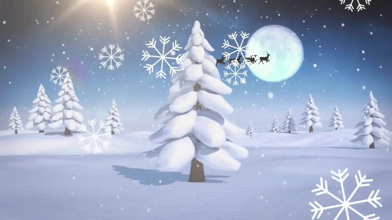 Snowflakes falling against christmas tree on winter landscape against moon in the night sky